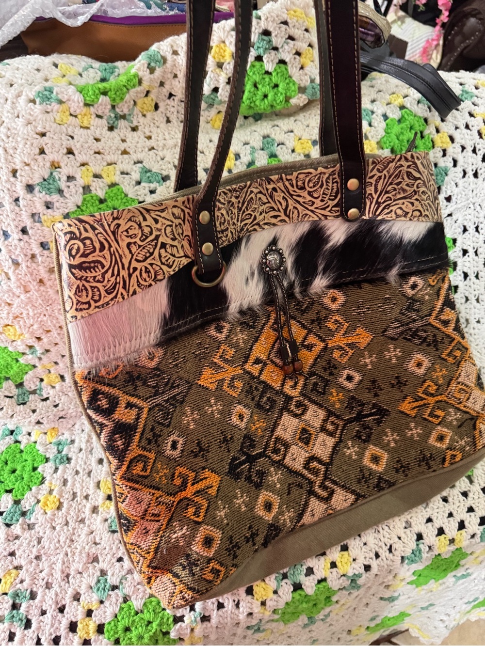 Myra Boho Woven Tote Bag with Leather Trim and Fur Accent - Olive, Brown, Black